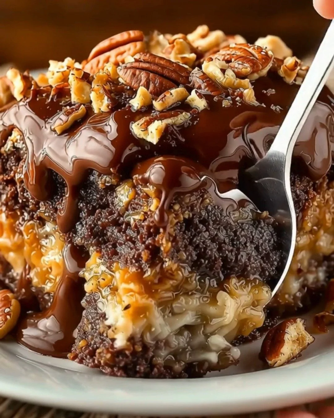 Decadent German Chocolate Poke Cake topped with chocolate and coconut frosting