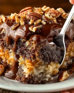 Decadent German Chocolate Poke Cake with coconut pecan topping