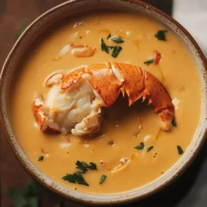 Bowl of decadent lobster bisque garnished with herbs and lobster pieces