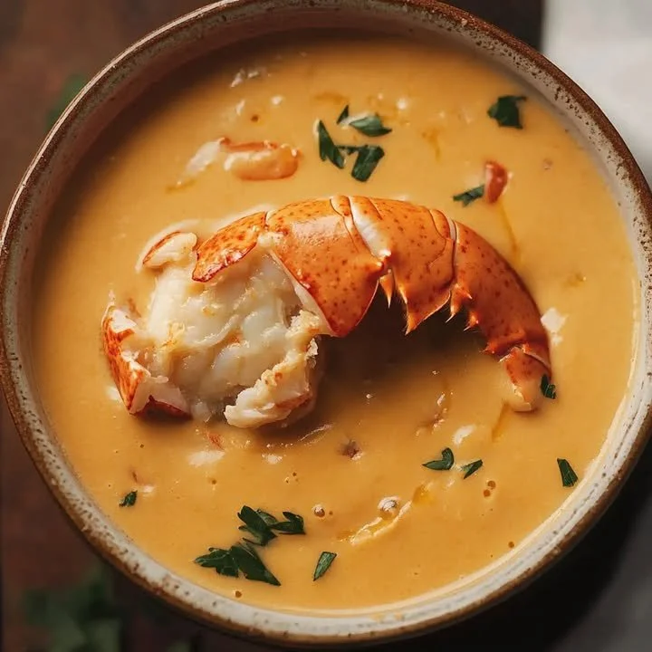 Bowl of decadent lobster bisque garnished with herbs and lobster pieces