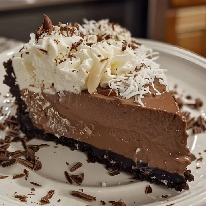 Decadent no-bake German chocolate cheesecake topped with coconut and pecans