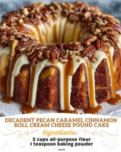 Decadent Pecan Caramel Cinnamon Roll Cream Cheese Pound Cake slice