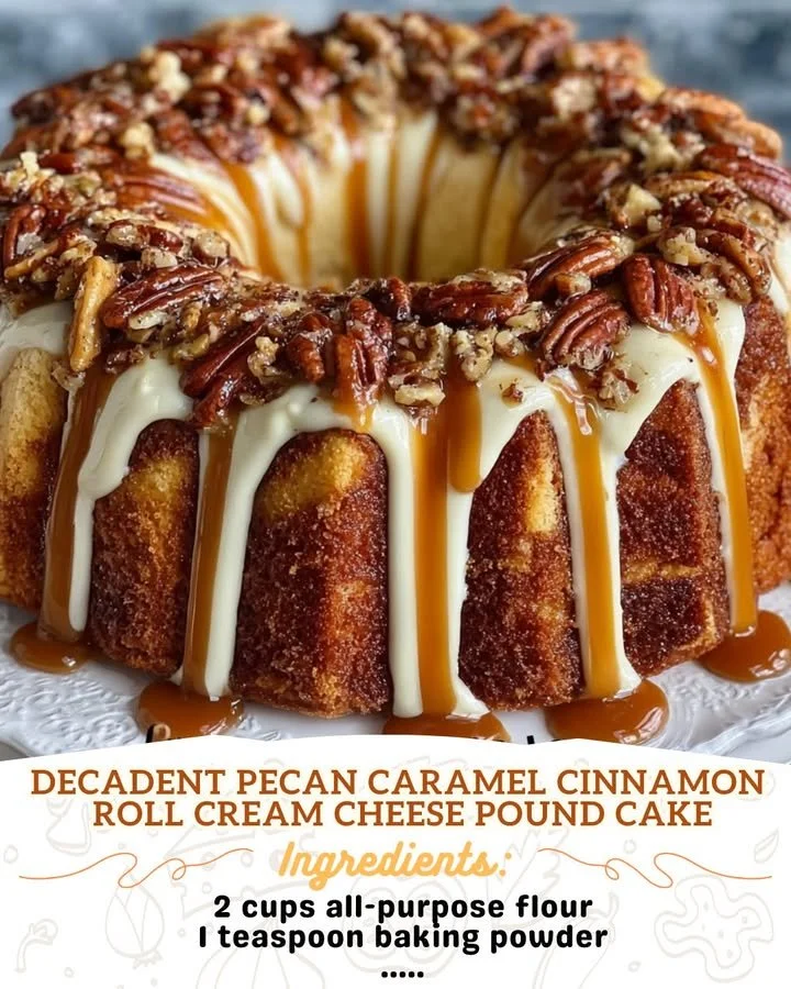 Pecan Caramel Cinnamon Roll Cream Cheese Pound Cake topped with caramel drizzle