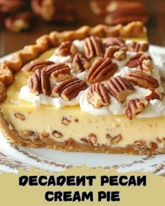 Slice of decadent pecan cream pie with creamy filling and pecan topping.