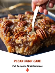 Decadent pecan dump cake topped with nuts and caramel sauce