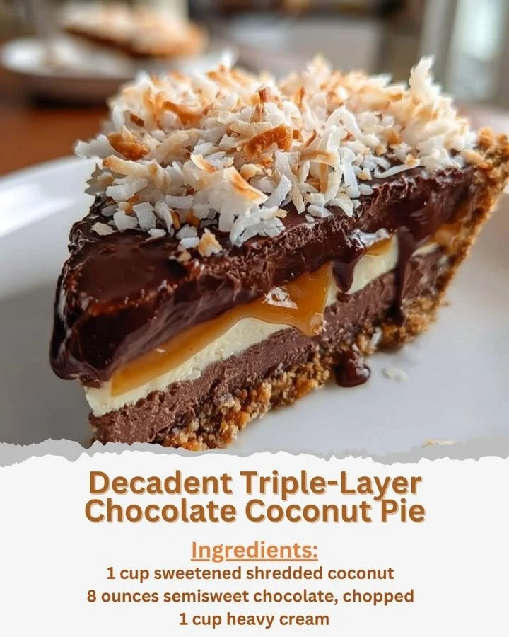 Decadent triple-layer chocolate coconut pie with rich chocolate and coconut layers