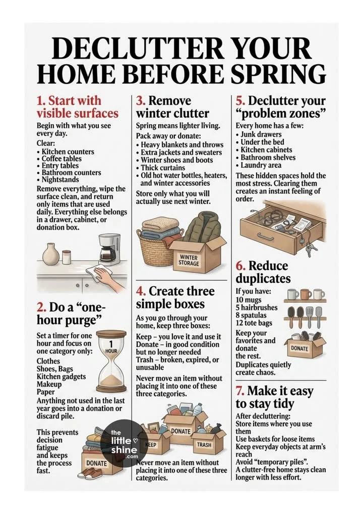 Person decluttering home space to prepare for spring cleaning.