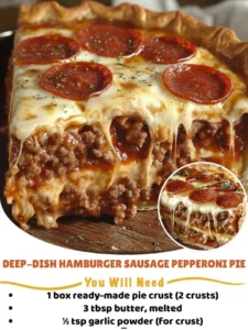 Deep-dish hamburger sausage pepperoni pie fresh out of the oven