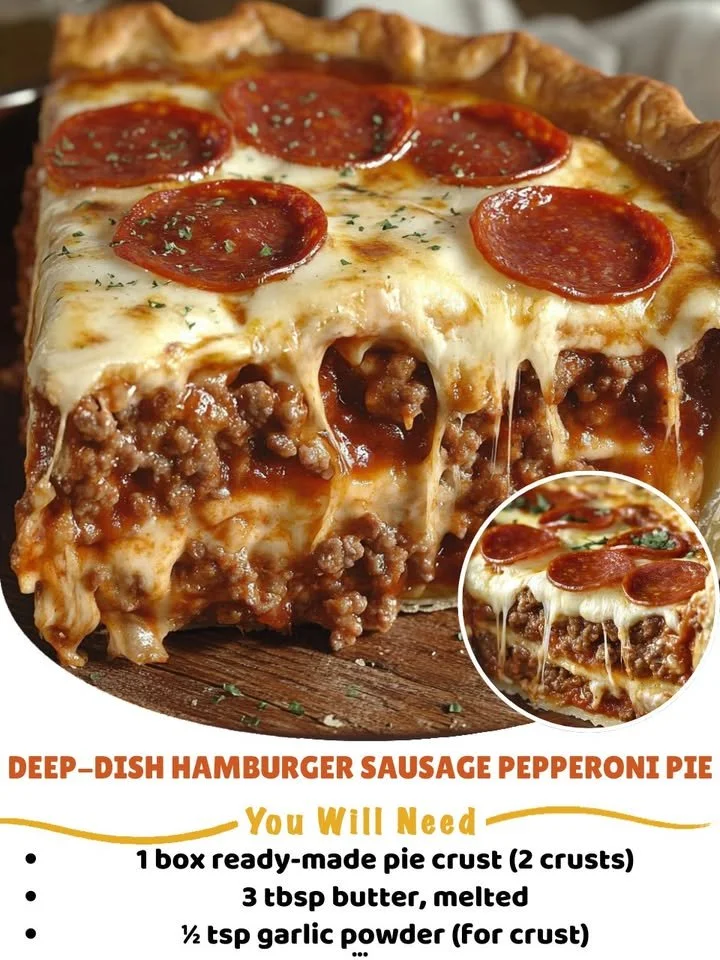 Deep-dish hamburger sausage pepperoni pie fresh out of the oven