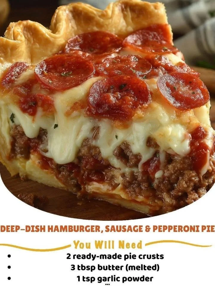 Delicious deep-dish pie with hamburger, sausage, and pepperoni toppings.