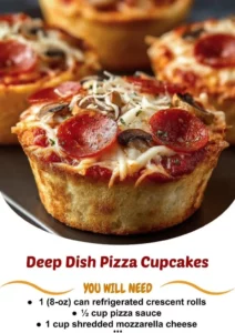 Delicious deep dish pizza cupcakes topped with cheese and pepperoni