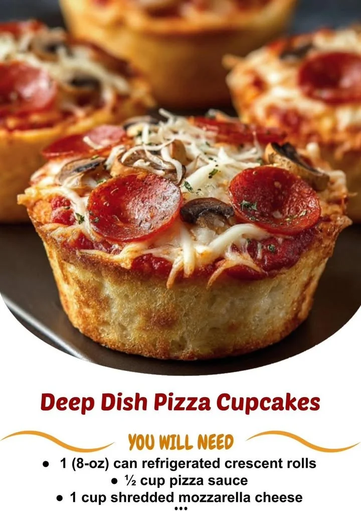 Delicious deep dish pizza cupcakes topped with cheese and pepperoni