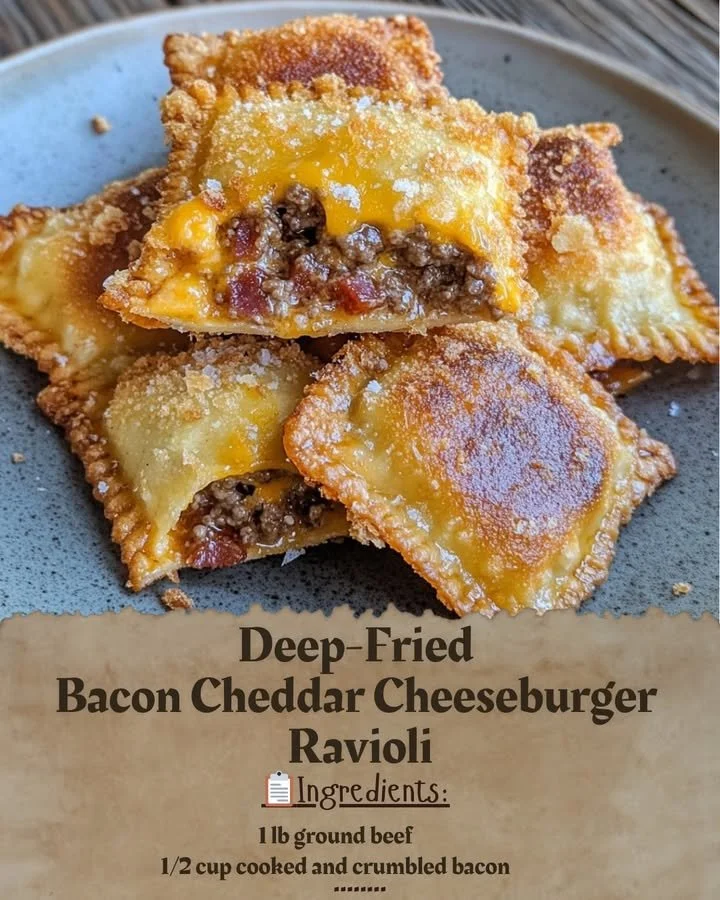 Deep-fried bacon cheddar ravioli served with dipping sauce