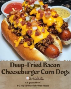 Deep-fried bacon cheeseburger corn dogs served on a plate