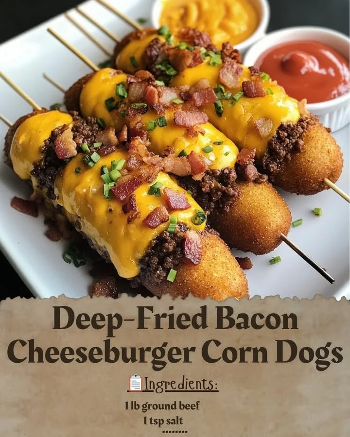 Deep-fried bacon cheeseburger corn dogs served on a plate
