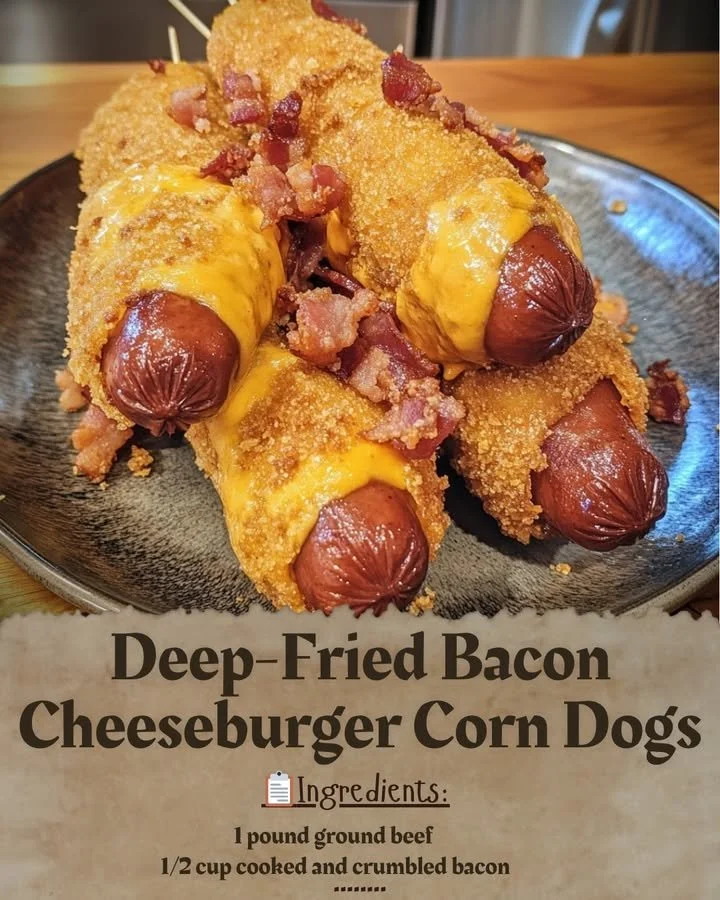 Deep-fried bacon cheeseburger corn dogs on a serving platter