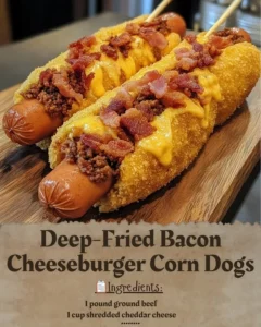 Deep-fried bacon cheeseburger corn dogs served on a plate with dipping sauce