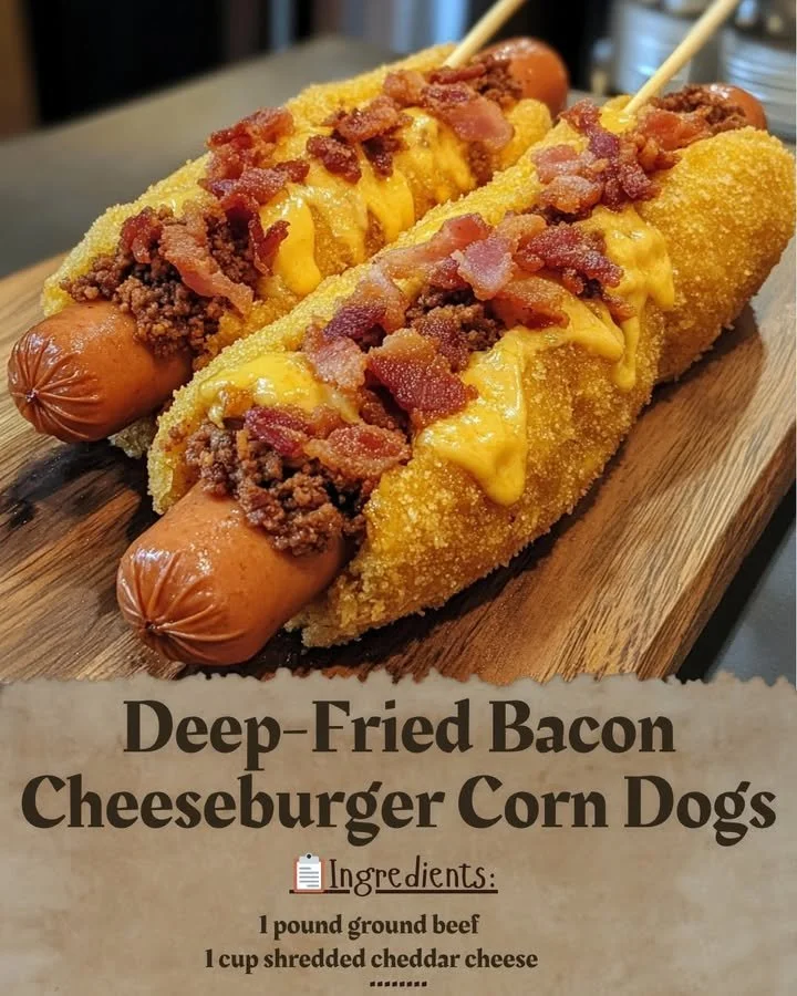 Deep-fried bacon cheeseburger corn dogs served on a plate with dipping sauce