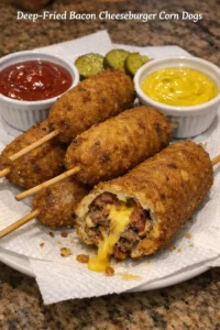 Delicious deep-fried bacon cheeseburger corn dogs served on a plate.