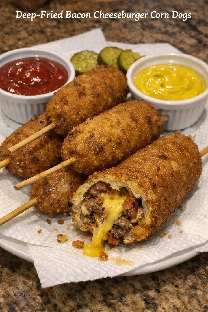 Delicious deep-fried bacon cheeseburger corn dogs served on a plate.