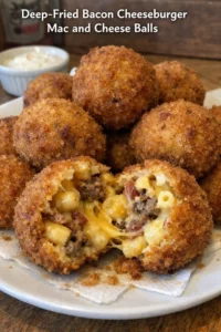 Deep-fried bacon cheeseburger mac and cheese balls served on a plate