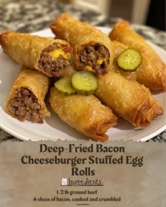 Deep-fried bacon cheeseburger egg rolls bursting with flavor and crunch