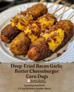 Deep-fried bacon garlic butter cheeseburger corn dogs served on a plate