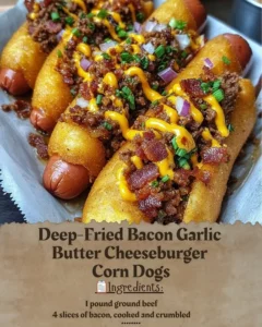 Deep-Fried Bacon Garlic Butter Cheeseburger Corn Dogs served on a plate