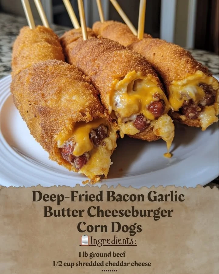 Deep-fried bacon garlic butter cheeseburger corn dogs on a plate