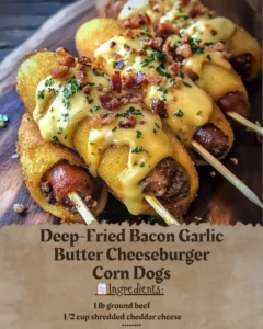 Deep-fried bacon garlic butter cheeseburger corn dogs served on a plate