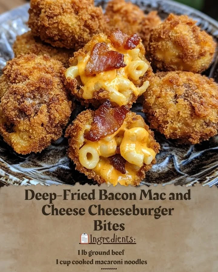 Deep-Fried Bacon Mac and Cheese Cheeseburger Bites plated and ready to eat