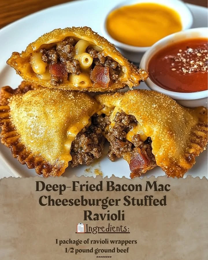 Deep-fried bacon mac cheeseburger stuffed ravioli ready to serve.