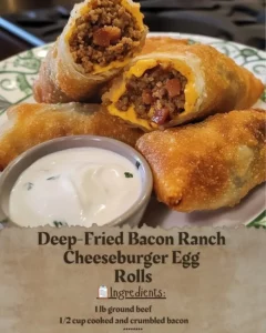 Delicious deep-fried bacon ranch cheeseburger egg rolls on a plate