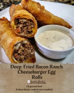 Deep-fried bacon ranch cheeseburger egg rolls served on a plate
