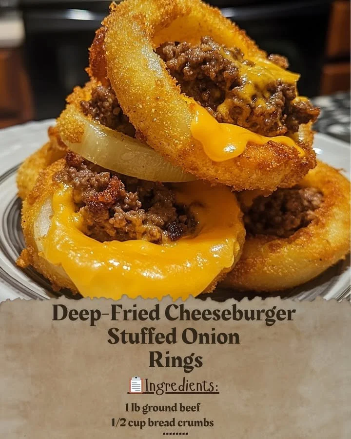 Deep-fried cheeseburger stuffed onion rings served on a plate