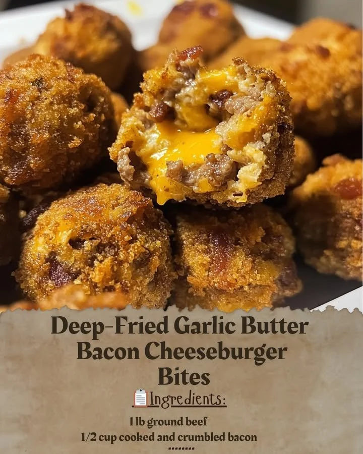 Deep-fried garlic butter bacon cheeseburger bites served on a plate