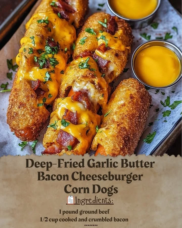 Deep-fried garlic butter bacon cheeseburger corn dogs served with dipping sauce