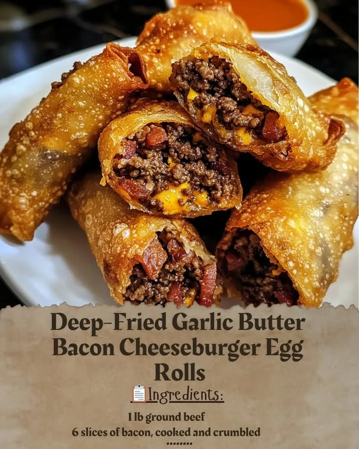 Deep-fried garlic butter bacon cheeseburger egg rolls on a plate
