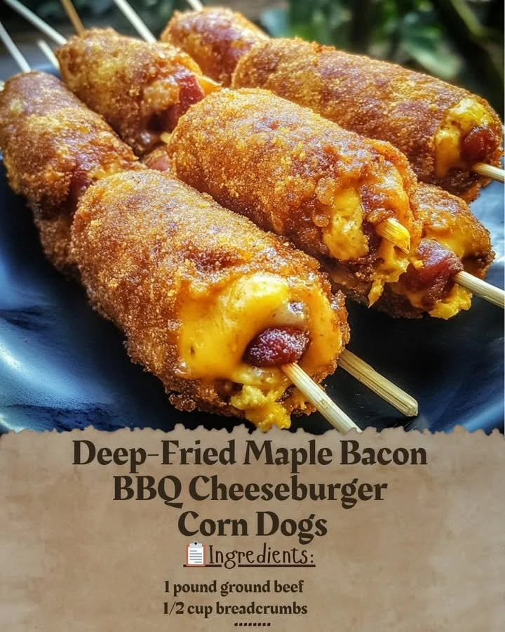 Deep-Fried Maple Bacon BBQ Cheeseburger Corn Dog served on a plate