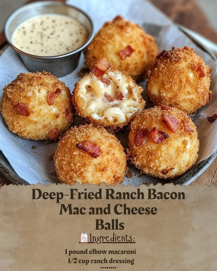 Deep-fried ranch bacon mac and cheese balls served on a platter