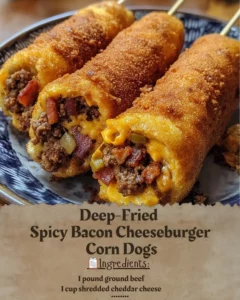Deep-fried spicy bacon cheeseburger corn dogs served on a plate.