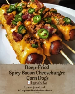 Deep-fried spicy bacon cheeseburger corn dogs served on a plate