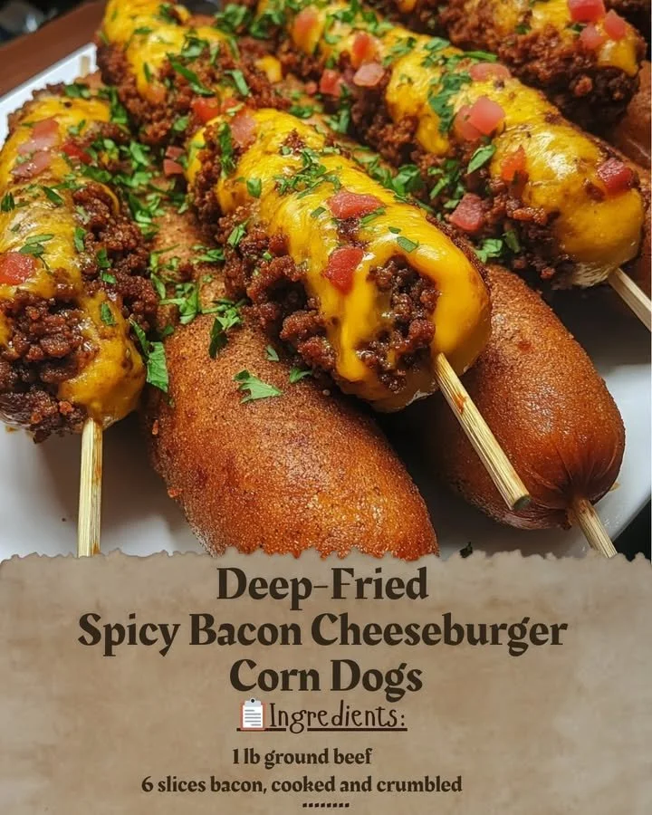 Deep-fried spicy bacon cheeseburger corn dogs served on a plate