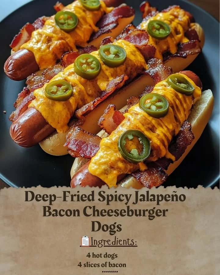 Deep-Fried Spicy Jalapeño Bacon Cheeseburger Dogs served on a plate.
