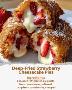 Deep-fried strawberry cheesecake pies with a crispy exterior and creamy filling