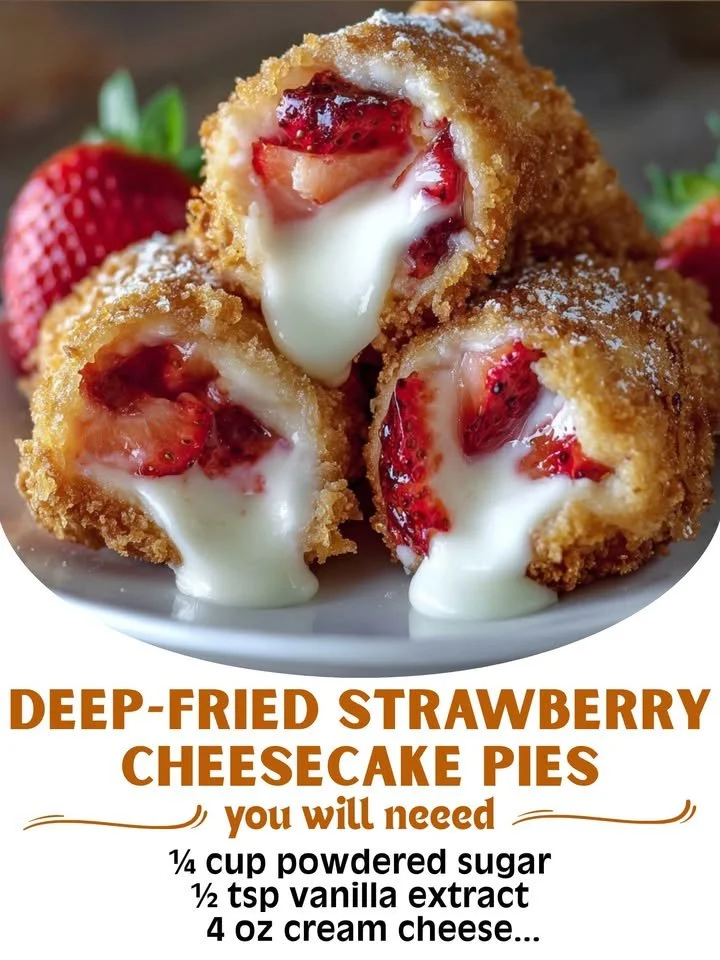 Delicious deep-fried strawberry cheesecake pies served on a plate
