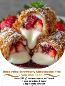 Delicious deep fried strawberry cheesecake pies served on a plate
