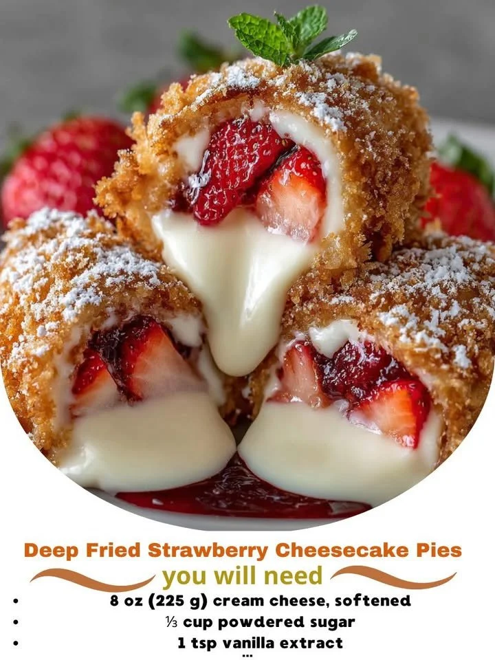 Delicious deep fried strawberry cheesecake pies served on a plate