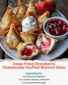 Deep-fried strawberry cheesecake stuffed wonton bites served as a delicious dessert