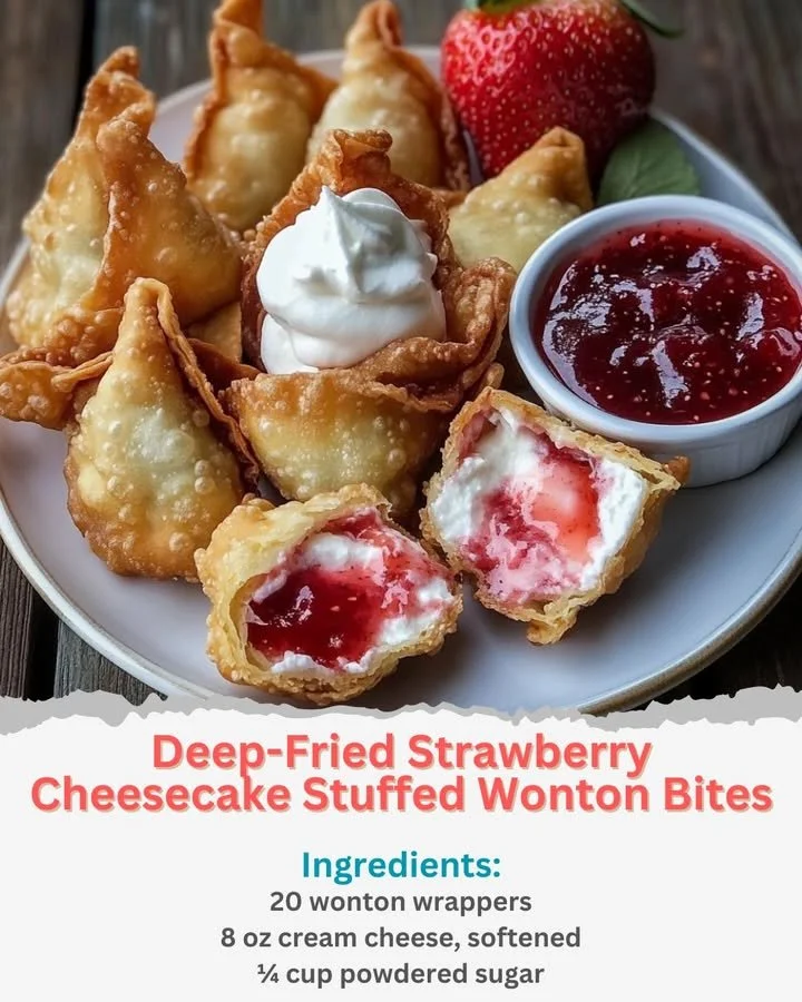 Deep-fried strawberry cheesecake stuffed wonton bites served as a delicious dessert